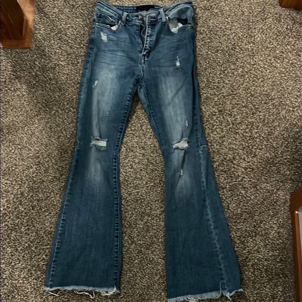 Blue Flare Wide Leg Jeans with Distressed Details